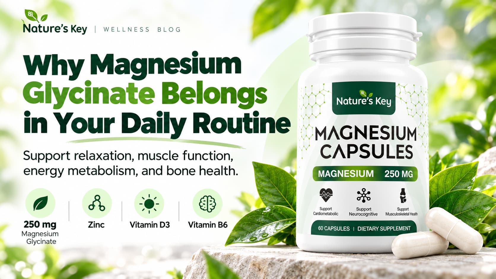  Nature’s Key Magnesium Capsules 250 mg with Zinc, Vitamin D3 & B6 for relaxation, muscle function, energy and bone health