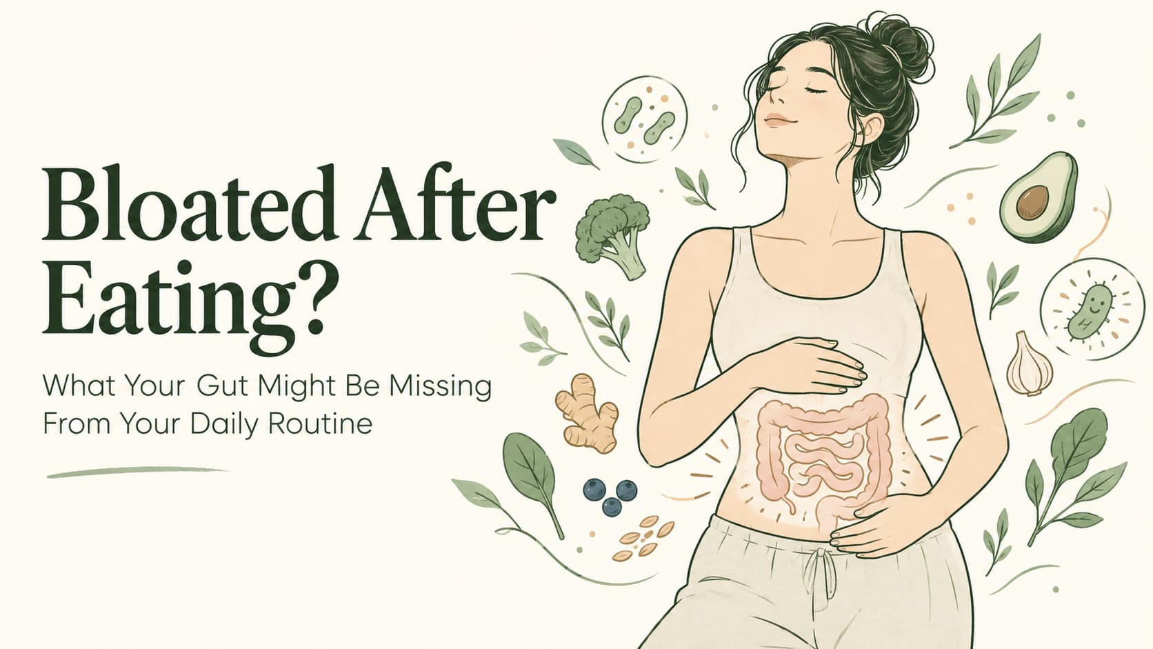 Illustrated cover image for the article Bloated After Eating? What Your Gut Might Be Missing From Your Daily Routine, showing a woman with a calm expression and highlighted digestive system surrounded by healthy foods and gut microbes