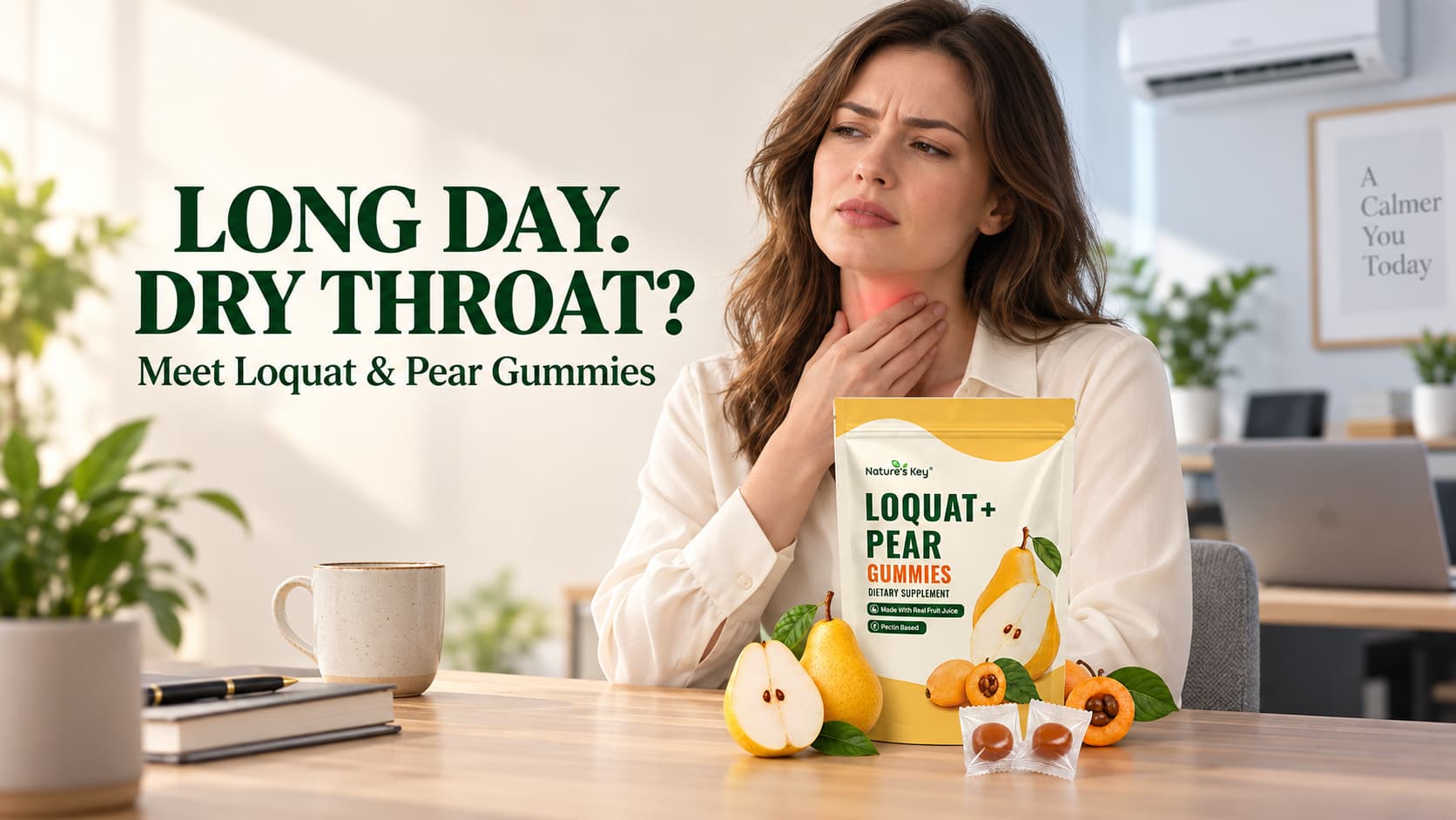 Woman touching her dry throat in an air-conditioned office, with Nature’s Key Loquat & Pear Gummies on the desk.