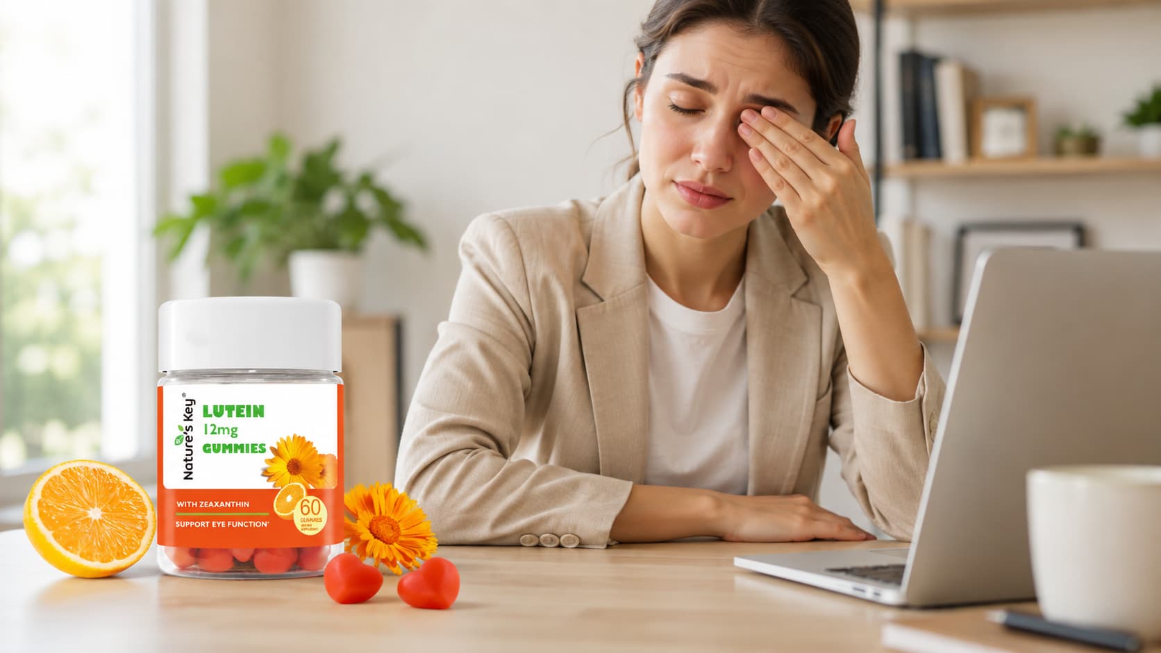 Woman rubbing her eyes while looking at a laptop, appearing tired from screen use, with a bottle of Nature's Bounty Lutein 12mg Gummies, fresh oranges, cherry tomatoes, and marigold flowers on the desk in the foreground.