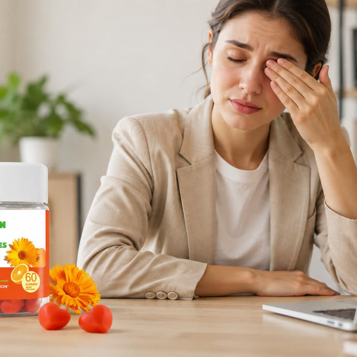 Woman rubbing her eyes while looking at a laptop, appearing tired from screen use, with a bottle of Nature's Bounty Lutein 12mg Gummies, fresh oranges, cherry tomatoes, and marigold flowers on the desk in the foreground.