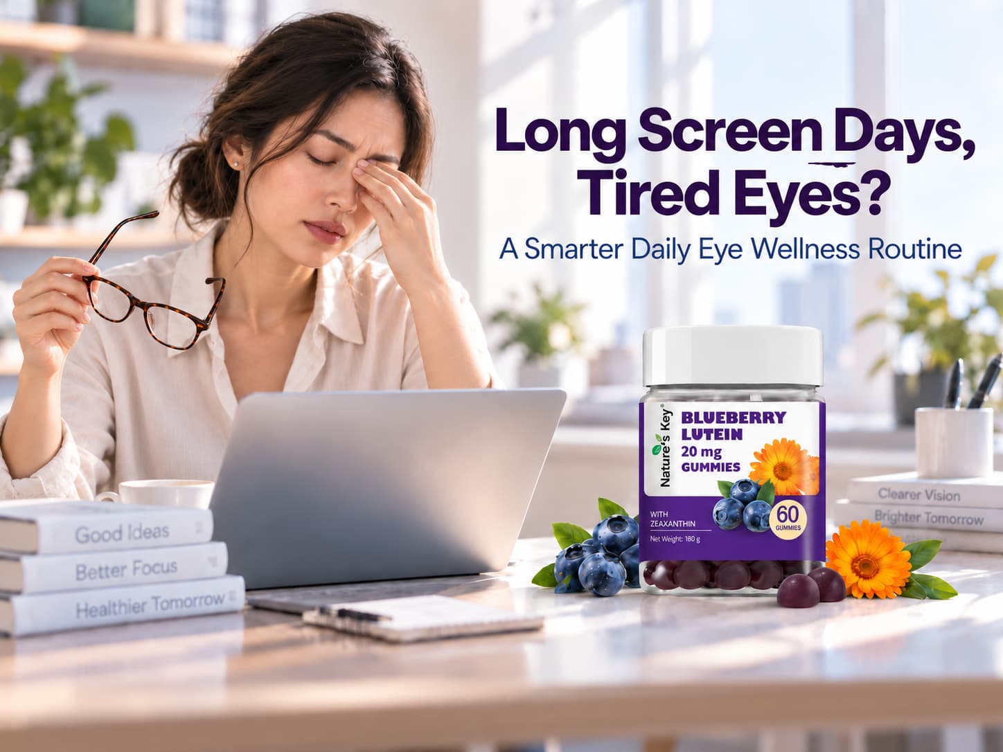 Woman with tired eyes from long screen use at laptop, next to Nature’s Key Blueberry Lutein 20mg gummies with zeaxanthin for daily eye wellness