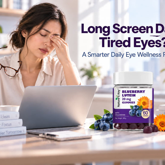 Woman with tired eyes from long screen use at laptop, next to Nature’s Key Blueberry Lutein 20mg gummies with zeaxanthin for daily eye wellness