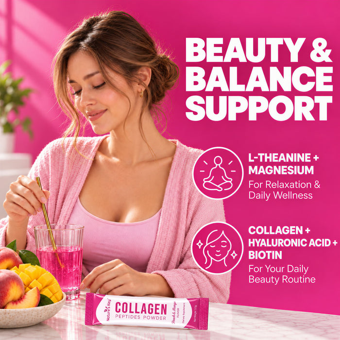 Nature's Key Marine Collagen Peptides Powder 3000mg with Vitamin C, Hyaluronic Acid & Biotin – Peach Mango, 30 Sticks