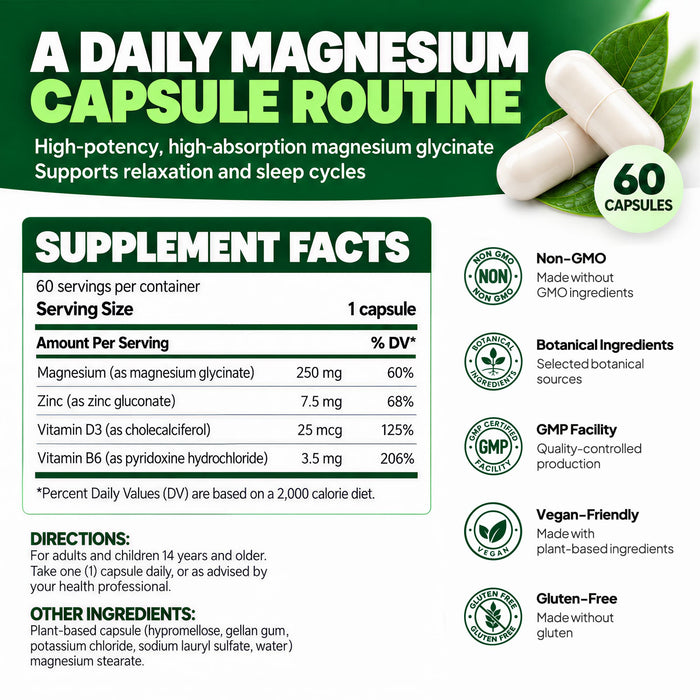 Magnesium Glycinate Capsules with Zinc, Vitamin D3 & B6, High Absorption, 60 Ct