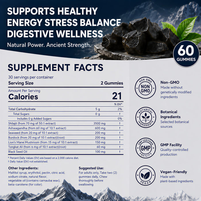 Shilajit Gummies 60 Count, 7-in-1 Botanical Blend for Energy & Immune Support, Zero Sugar & Vegan