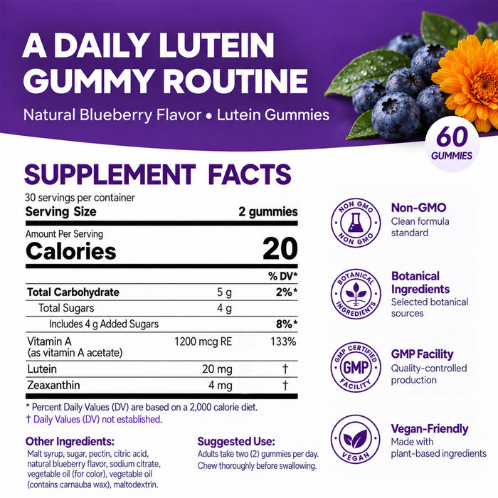 Lutein Gummies 60 Count with Vitamin A Blueberry