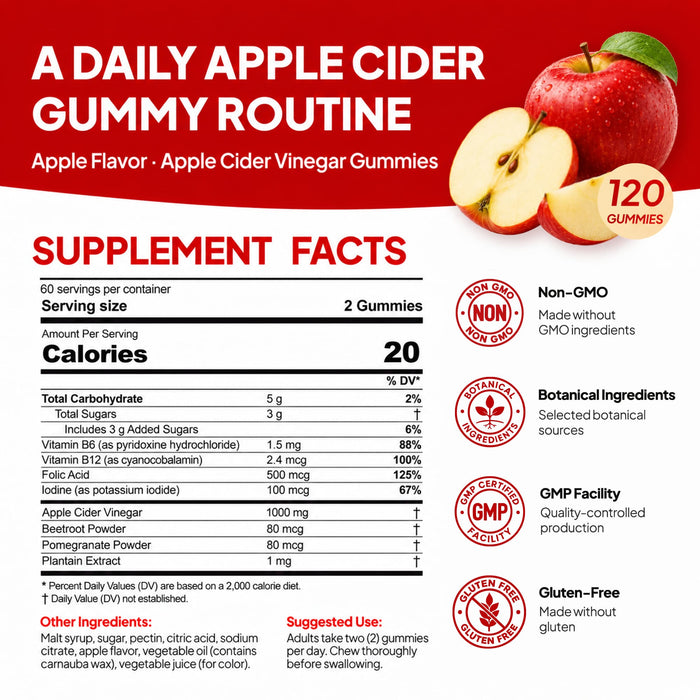 Apple Cider Vinegar Gummies 120 Count with Vitamin B6 B12