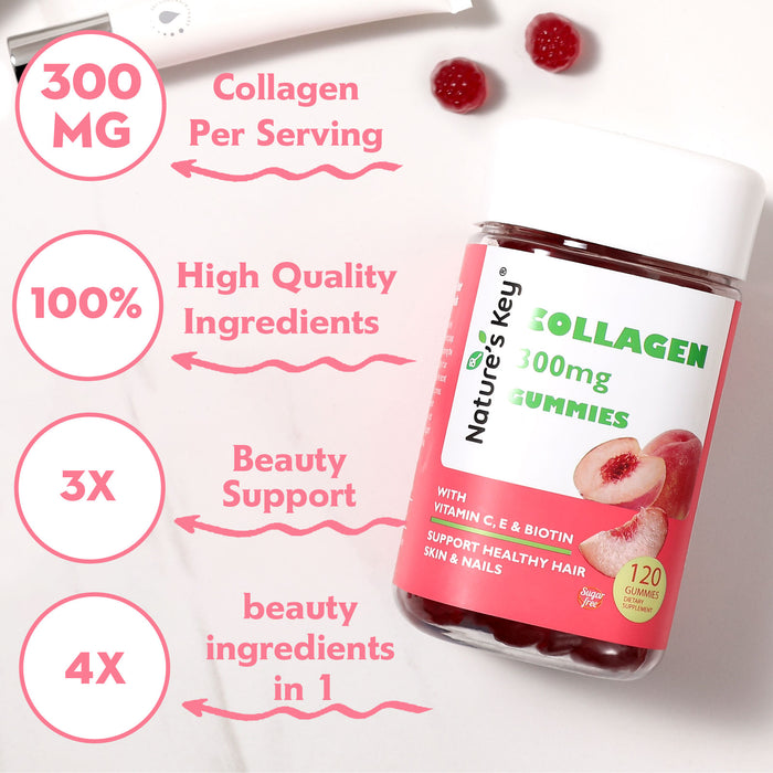 Nature's Key 300mg Collagen Gummies Beauty Boost with Vitamin C & E, Biotin, Sugar Free Peach Flavor - 120 Count, Anti-Aging Support for Women and Men