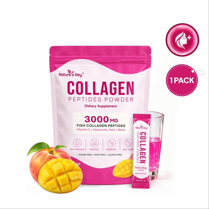 Nature's Key Marine Collagen Peptides Powder 3000mg with Vitamin C, Hyaluronic Acid & Biotin – Peach Mango, 30 Sticks