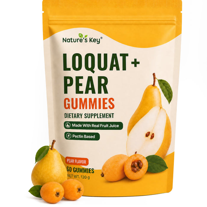 NATURE'S KEY Loquat Pear Throat Gummies for Adults - 8-in-1 Herbal Throat Support Supplement with Honey, Licorice Root & Natural Menthol, Sugar Free Vegan Throat Comfort Gummies, 60 Count