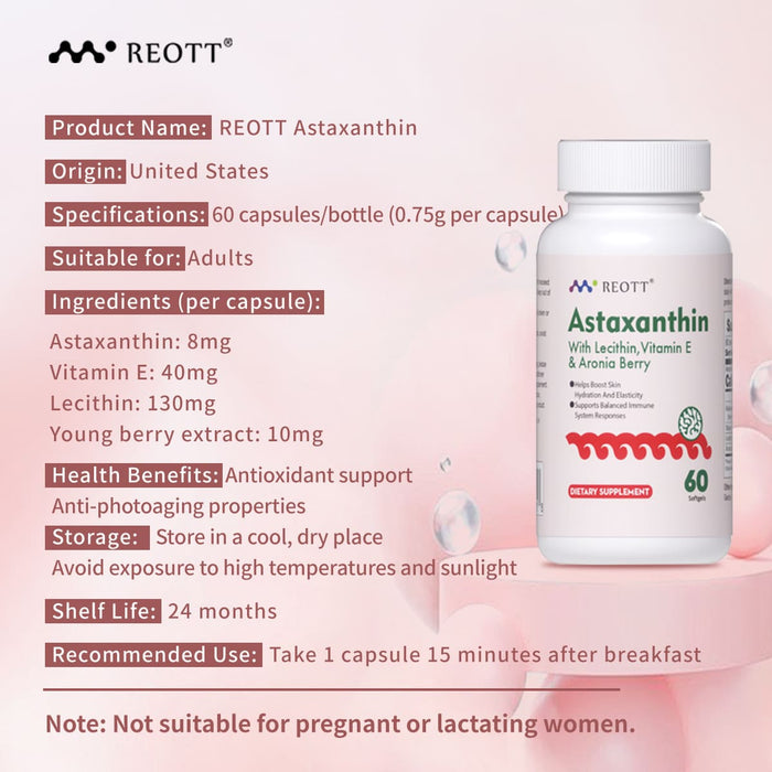 REOTT Astaxanthin Gummies, with Vitamin E, Antioxidant Support For Adults 60 Count