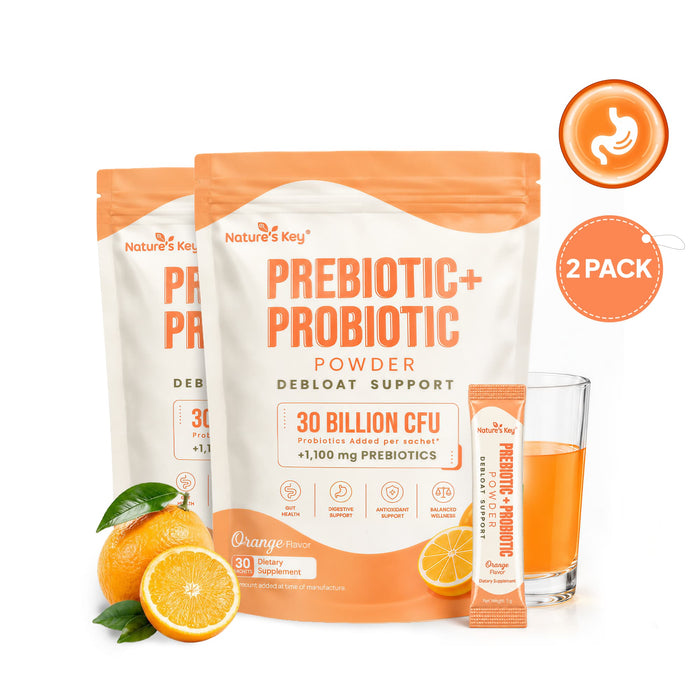 Nature's Key Prebiotic + Probiotic Powder, 30 Billion CFU Probiotics with 1,100mg Prebiotics, Digestive Enzymes & Vitamin C, Gut Health & Digestive Support, Orange Flavor, 30 Sticks