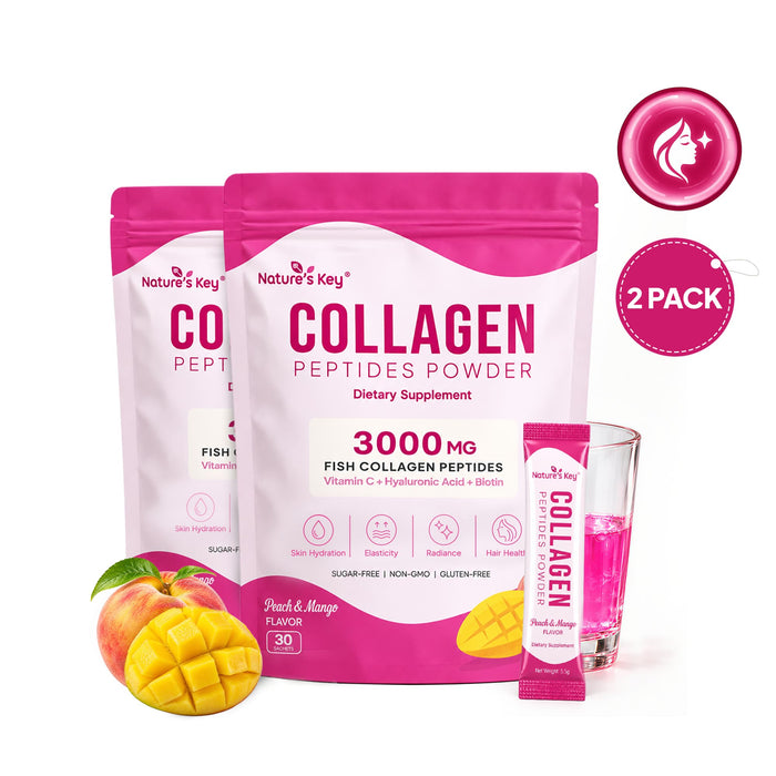 Nature's Key Marine Collagen Peptides Powder 3000mg with Vitamin C, Hyaluronic Acid & Biotin – Peach Mango, 30 Sticks