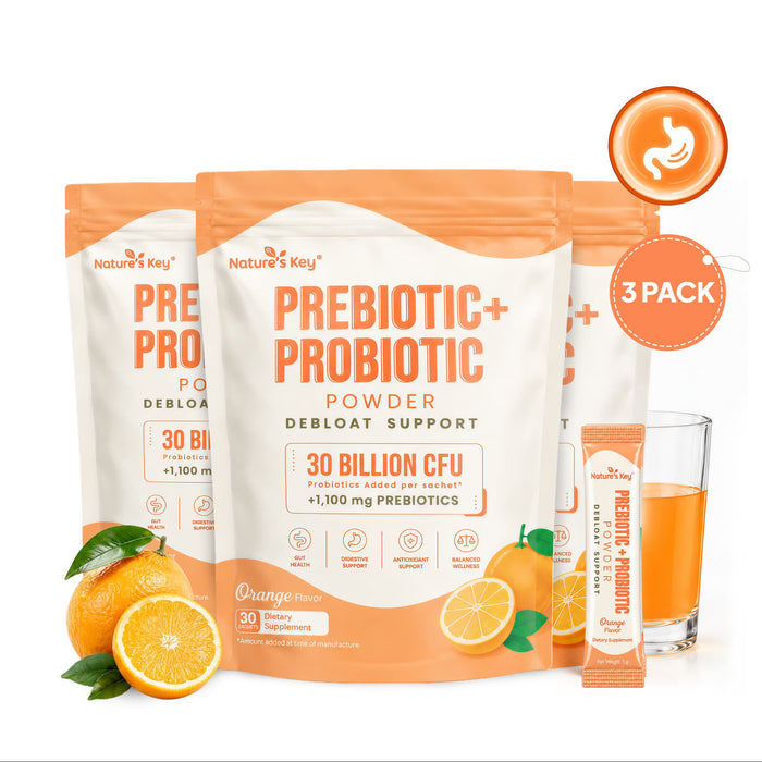Nature's Key Prebiotic + Probiotic Powder, 30 Billion CFU Probiotics with 1,100mg Prebiotics, Digestive Enzymes & Vitamin C, Gut Health & Digestive Support, Orange Flavor, 30 Sticks