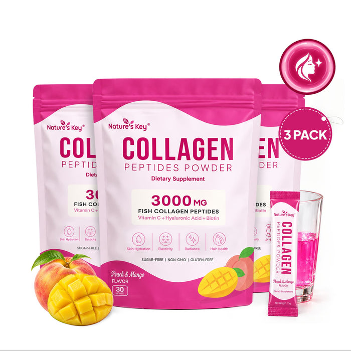 Nature's Key Marine Collagen Peptides Powder 3000mg with Vitamin C, Hyaluronic Acid & Biotin – Peach Mango, 30 Sticks