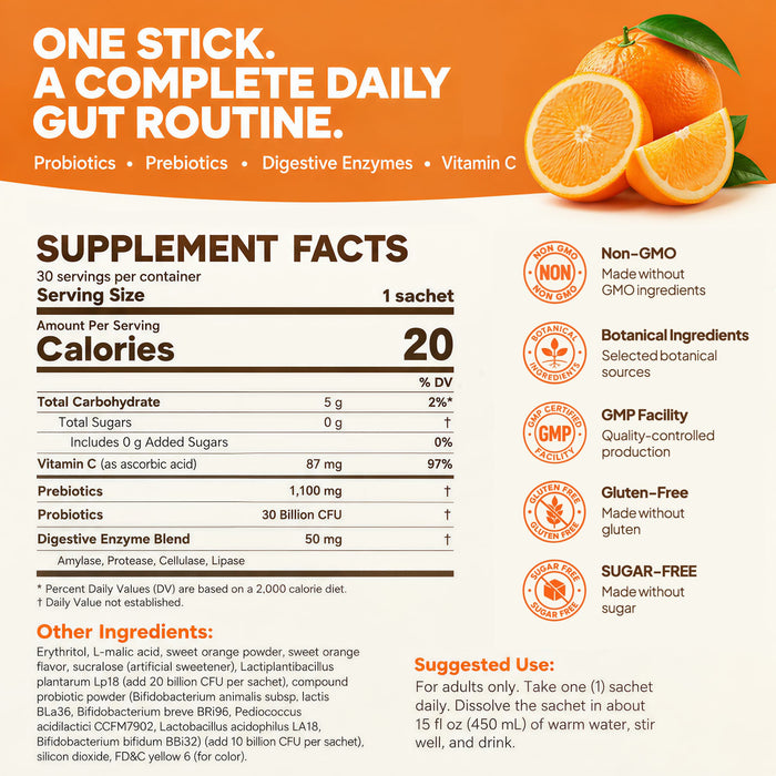 Nature's Key Prebiotic + Probiotic Powder, 30 Billion CFU Probiotics with 1,100mg Prebiotics, Digestive Enzymes & Vitamin C, Gut Health & Digestive Support, Orange Flavor, 30 Sticks