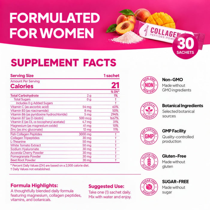 Nature's Key Marine Collagen Peptides Powder 3000mg with Vitamin C, Hyaluronic Acid & Biotin – Peach Mango, 30 Sticks