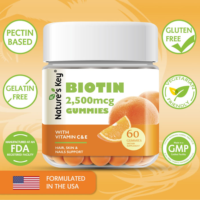 Biotin Gummies 60 Count with Vitamin C, and E