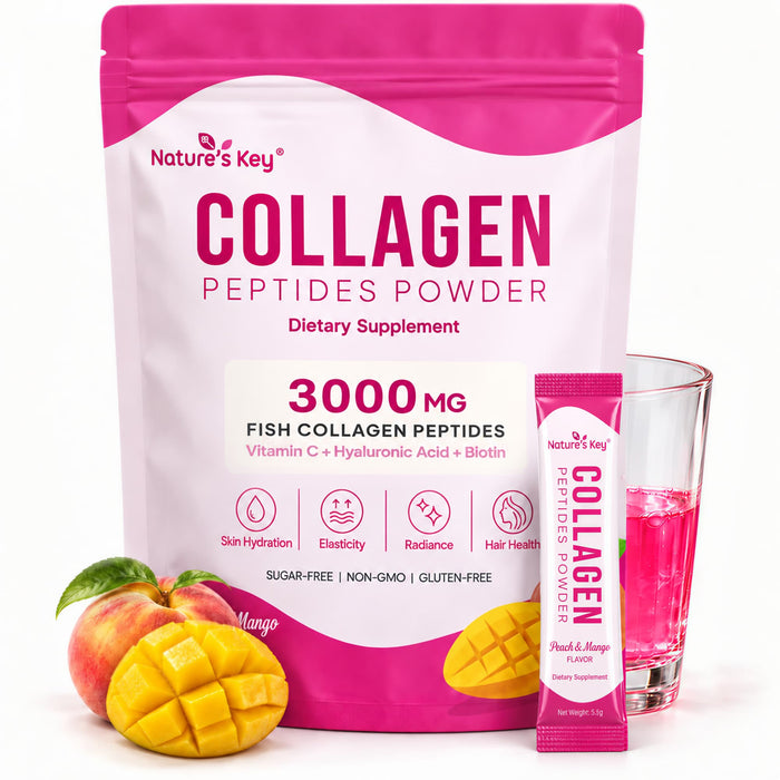 Nature's Key Marine Collagen Peptides Powder 3000mg with Vitamin C, Hyaluronic Acid & Biotin – Peach Mango, 30 Sticks