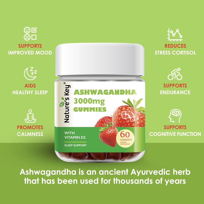 Ashwagandha Gummies 60 Count with Vitamin D2, Stress, Calm Mood & Cognition