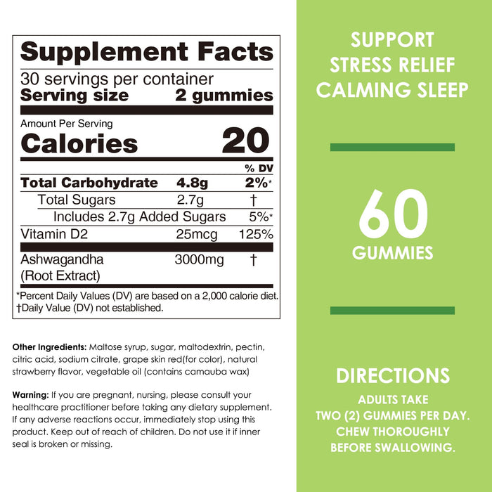 Ashwagandha Gummies 60 Count with Vitamin D2, Stress, Calm Mood & Cognition