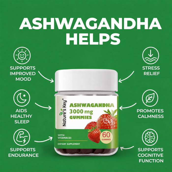 Ashwagandha Gummies 60 Count with Vitamin D2, Stress, Calm Mood & Cognition