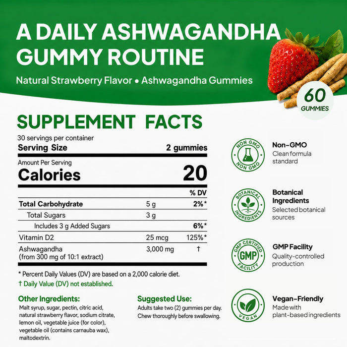Ashwagandha Gummies 60 Count with Vitamin D2, Stress, Calm Mood & Cognition