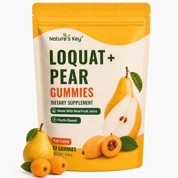 NATURE'S KEY Loquat Pear Throat Gummies for Adults - 8-in-1 Herbal Throat Support Supplement with Honey, Licorice Root & Natural Menthol, Sugar Free Vegan Throat Comfort Gummies, 60 Count