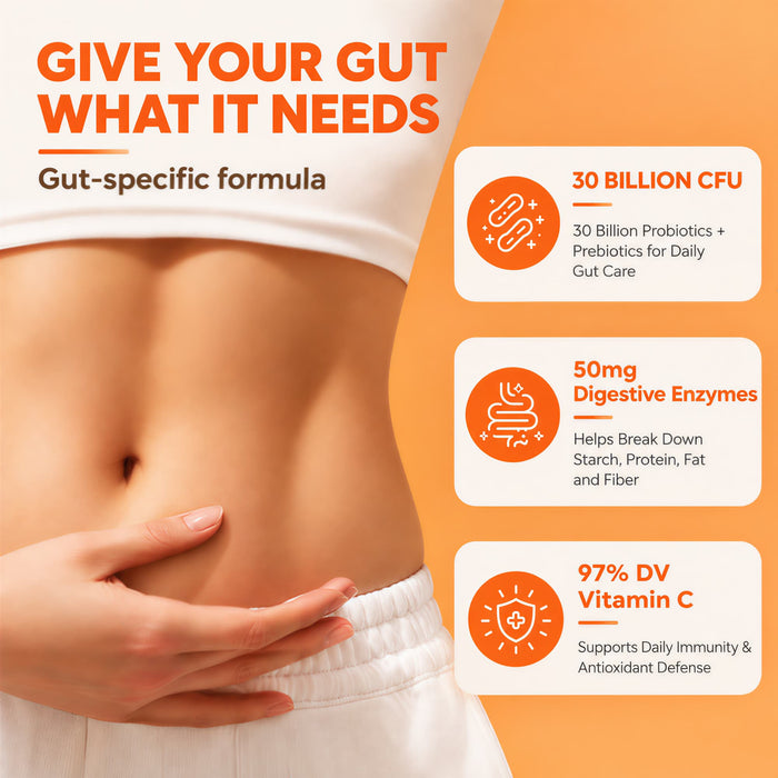 Nature's Key Prebiotic + Probiotic Powder, 30 Billion CFU Probiotics with 1,100mg Prebiotics, Digestive Enzymes & Vitamin C, Gut Health & Digestive Support, Orange Flavor, 30 Sticks