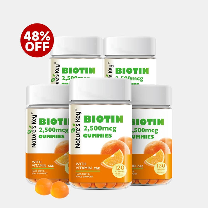 Bottle of Nature's Key Biotin Gummies with 48% off