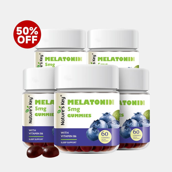 Bottles of Nature's Key Melatonin gummies with a 50% off