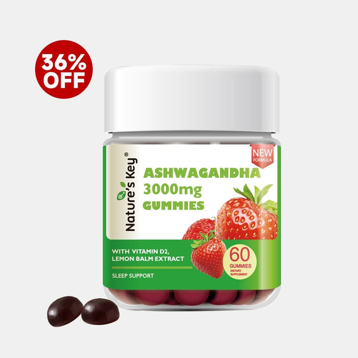 Nature's Key Ashwagandha gummies packaging with 36% off