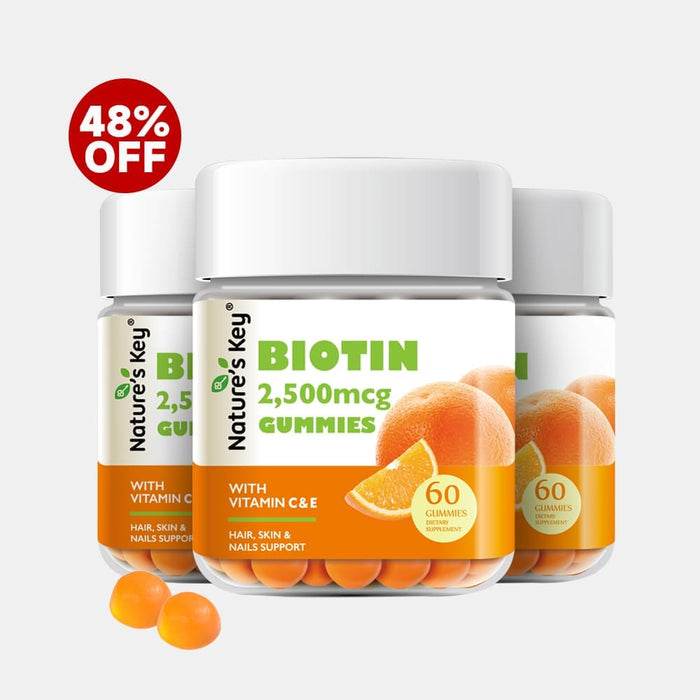 Nature's Key Biotin gummies packaging with 48% off
