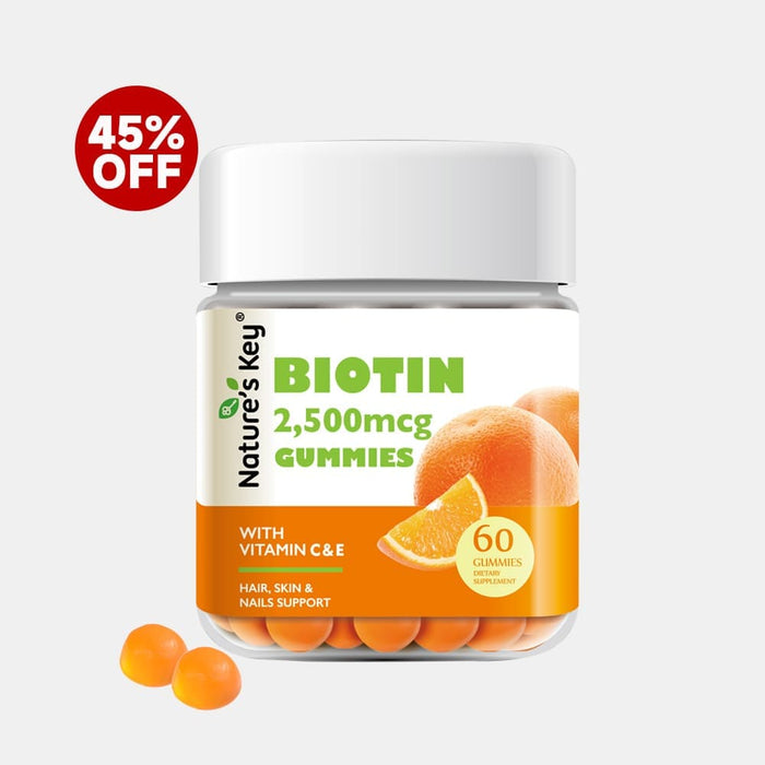 Nature's Key Biotin gummies packaging with a 45% off