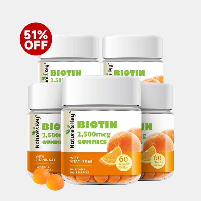 Nature's Key Biotin gummies packaging with a 51% off 