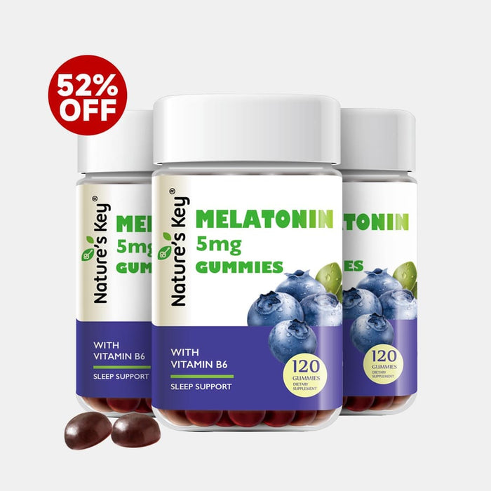 Three bottles of Nature's Key Melatonin gummies with a 52% off
