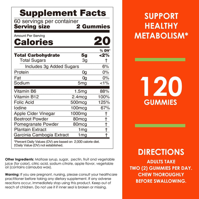 Apple Cider Vinegar Gummies 120 Count with Vitamin B6 B12