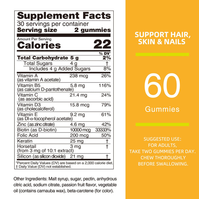 Biotin Gummies 10000mcg - Vegan-Friendly Hair Growth & Nail Strength Supplement，60cts 1 Month Supply
