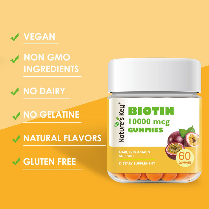 Biotin Gummies 10000mcg - Vegan-Friendly Hair Growth & Nail Strength Supplement，60cts 1 Month Supply