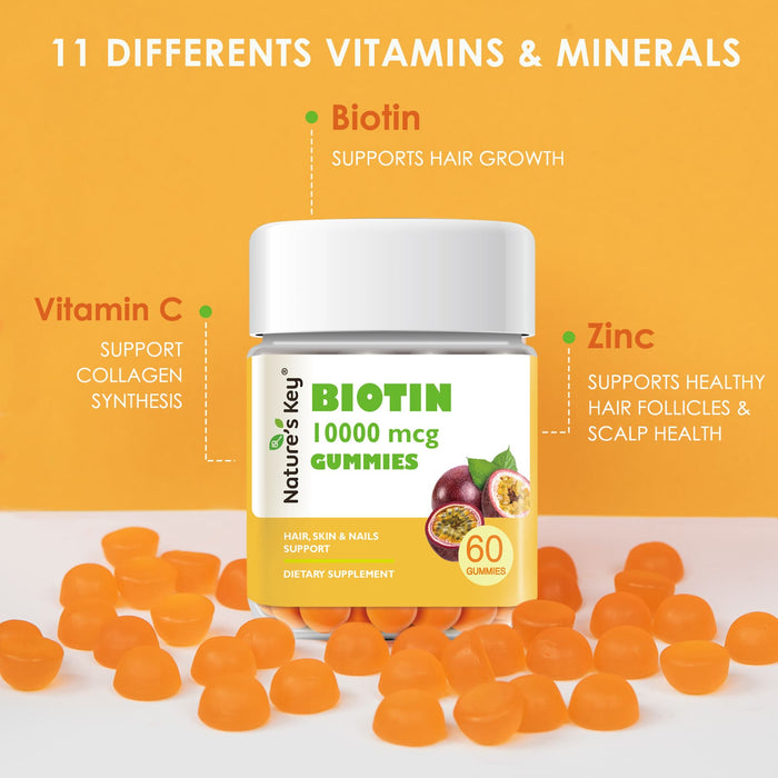 Biotin Gummies 10000mcg - Vegan-Friendly Hair Growth & Nail Strength Supplement，60cts 1 Month Supply