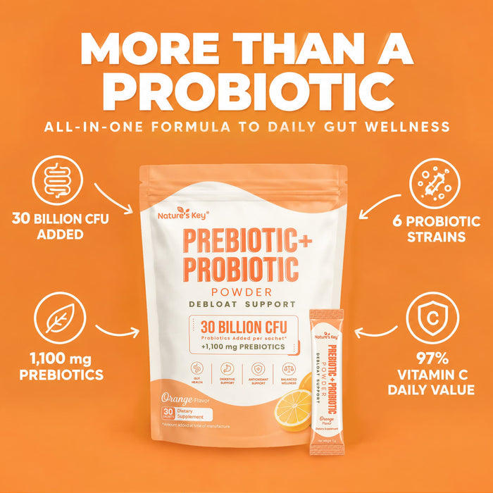 Nature's Key Prebiotic + Probiotic Powder, 30 Billion CFU Probiotics with 1,100mg Prebiotics, Digestive Enzymes & Vitamin C, Gut Health & Digestive Support, Orange Flavor, 30 Sticks