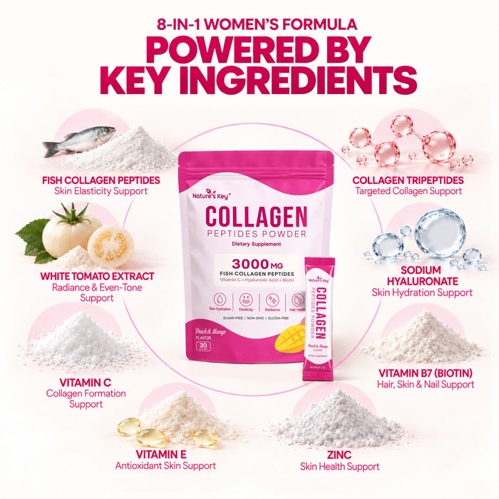 Nature's Key Marine Collagen Peptides Powder 3000mg with Vitamin C, Hyaluronic Acid & Biotin – Peach Mango, 30 Sticks