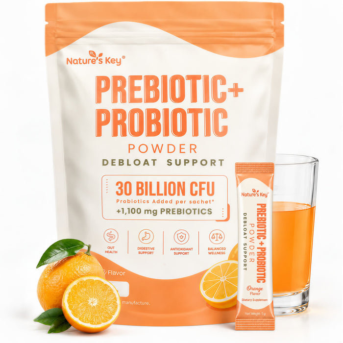 Nature's Key Prebiotic + Probiotic Powder, 30 Billion CFU Probiotics with 1,100mg Prebiotics, Digestive Enzymes & Vitamin C, Gut Health & Digestive Support, Orange Flavor, 30 Sticks